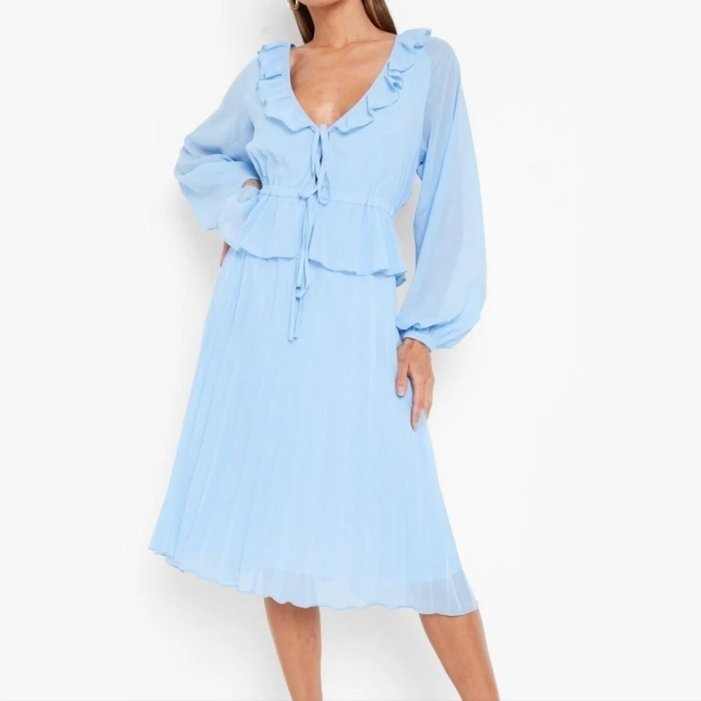 Boohoo Blue Pleated Long Sleeve Ruffle Midi Smock Dress Size Women's 6 NEW